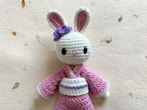 amigurumi bunny pattern with pink kimono inspired crochet outfit