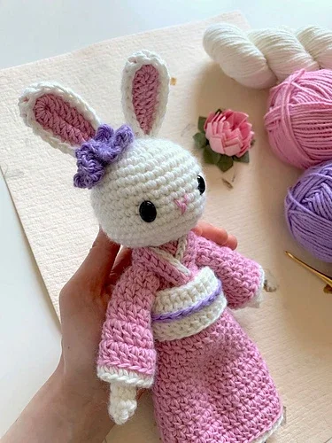 finished pink and white amigurumi bunny pattern project