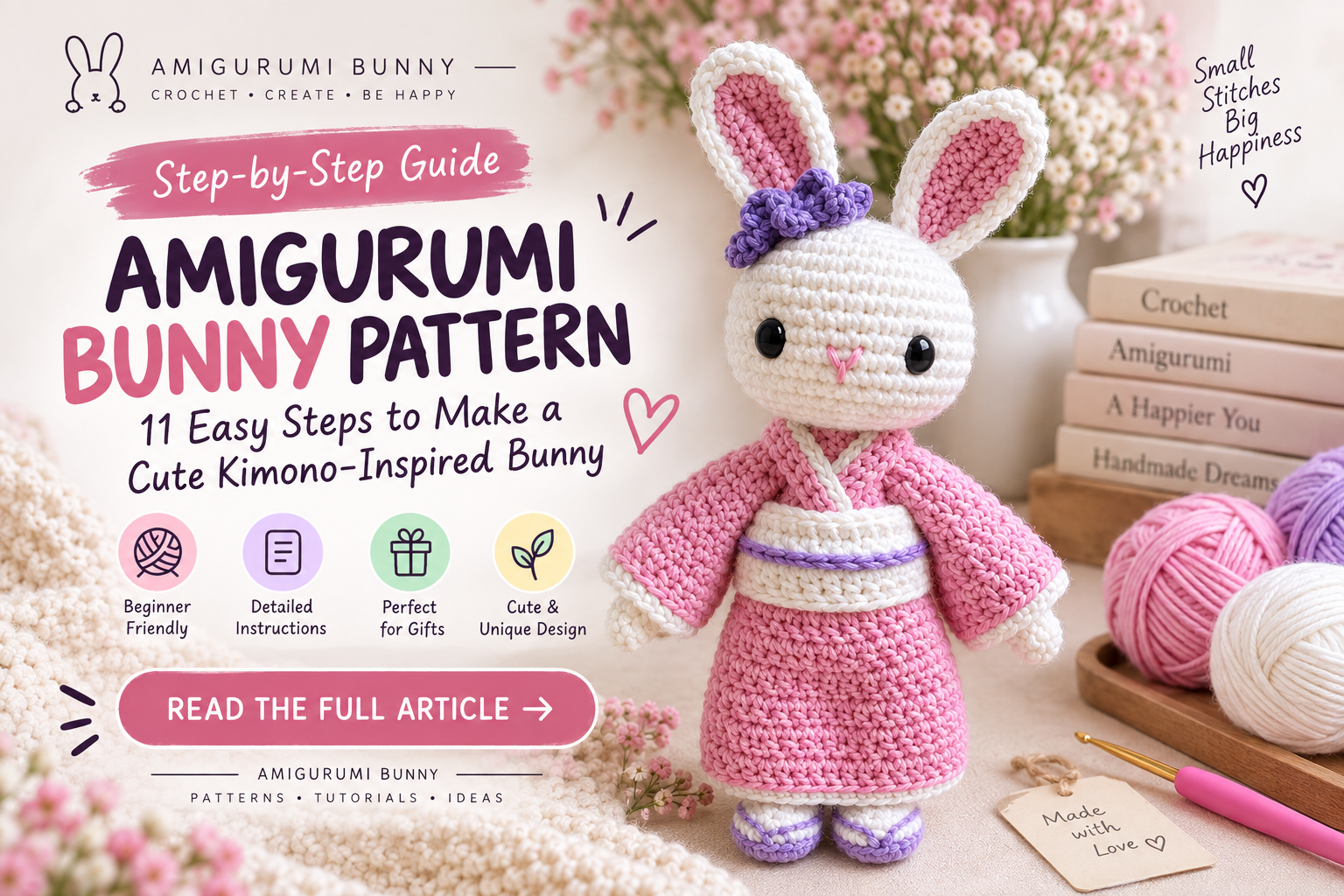 amigurumi bunny pattern with pink kimono inspired crochet outfit