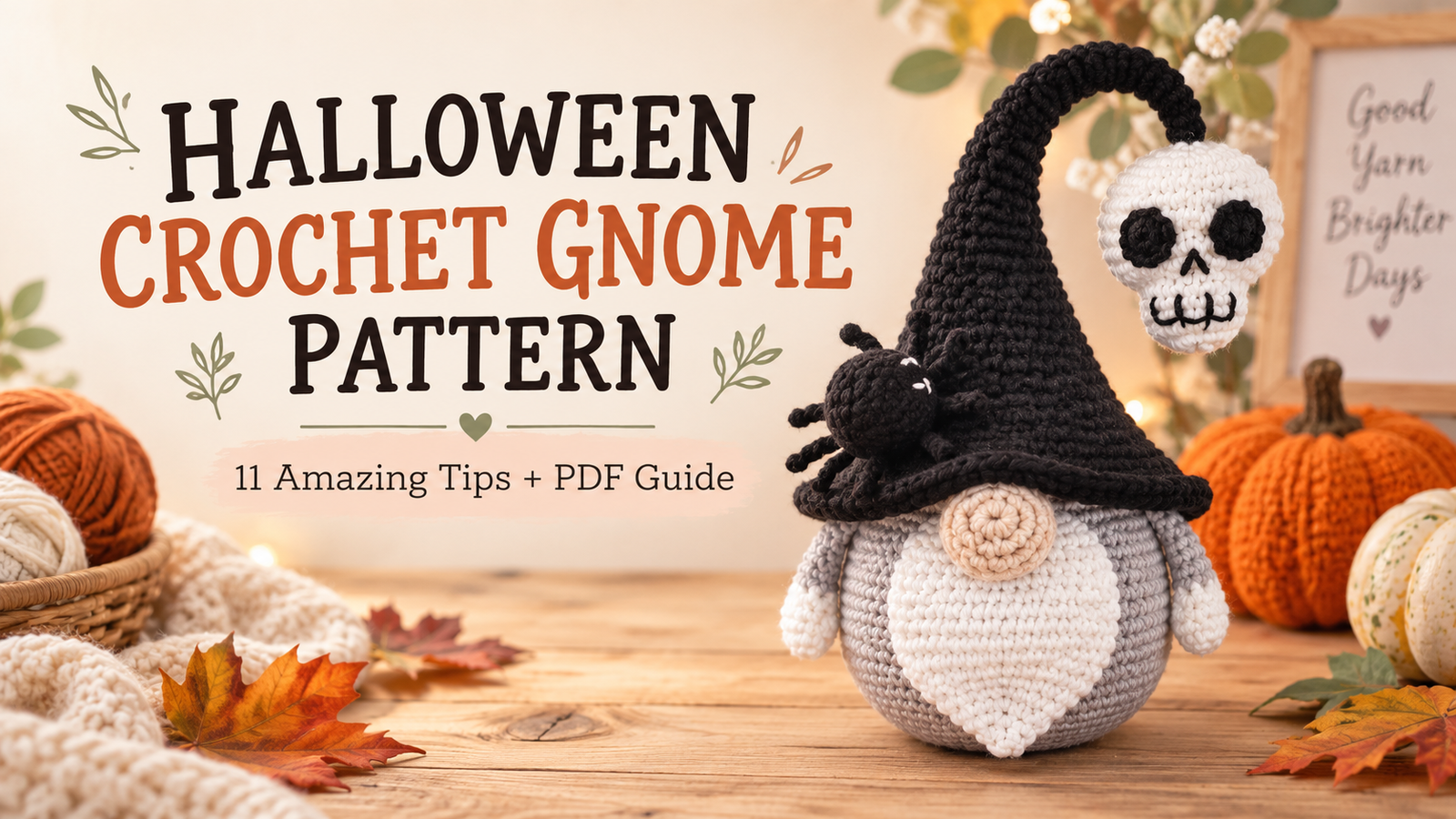 Halloween crochet gnome pattern with a witch hat, skull, and spider.