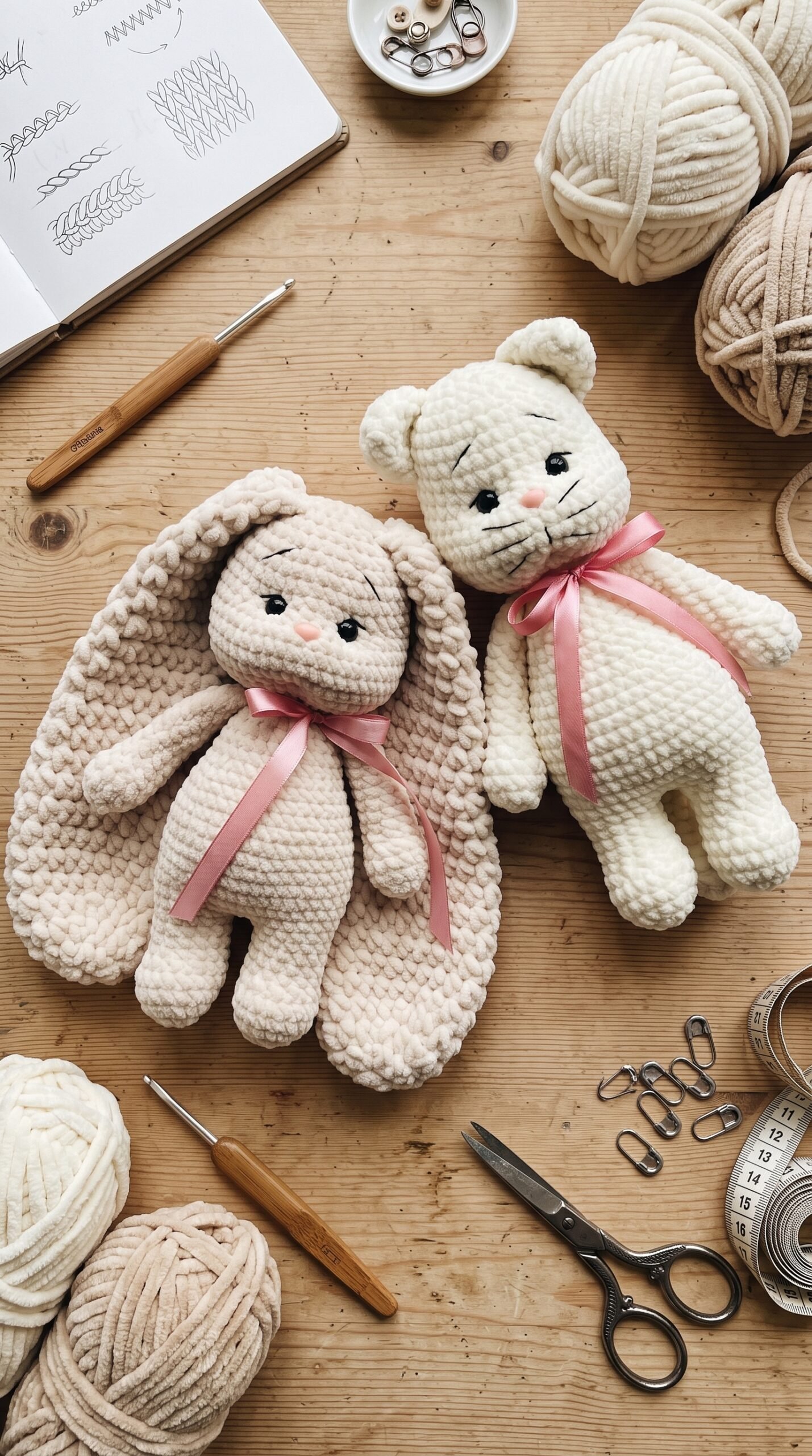 Finished plush crochet bunny designs made from the pattern