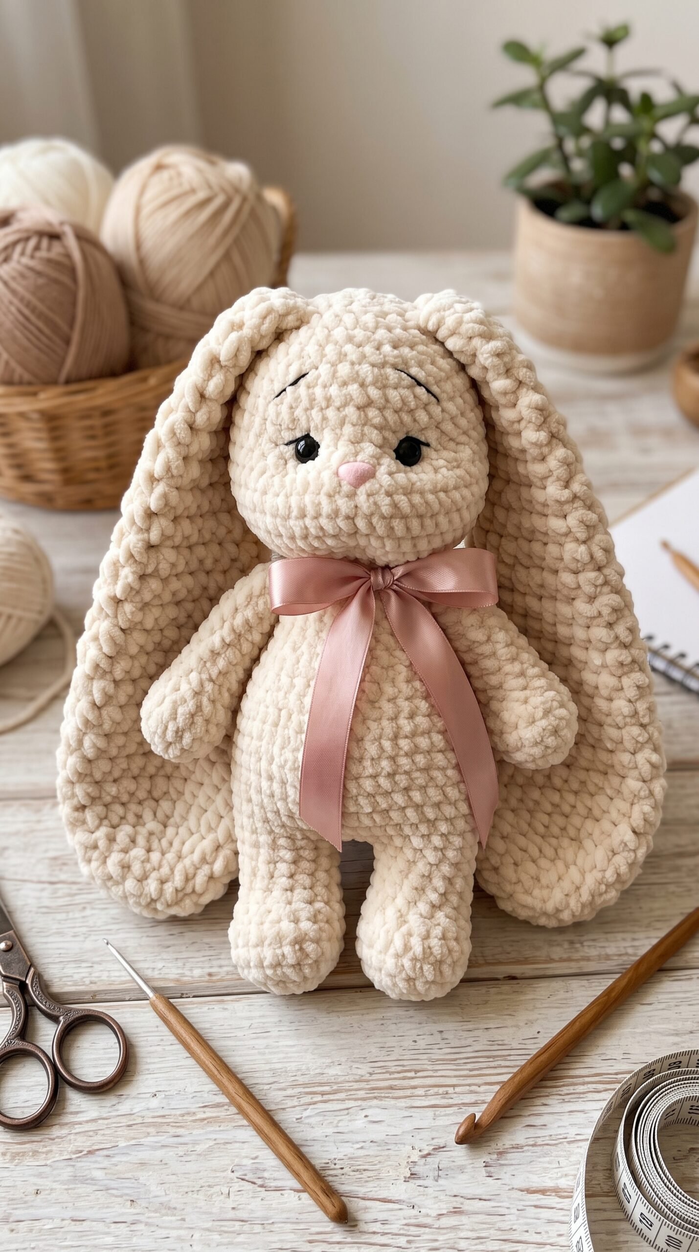 Crochet bunny pattern with clothes, long ears and pink bow