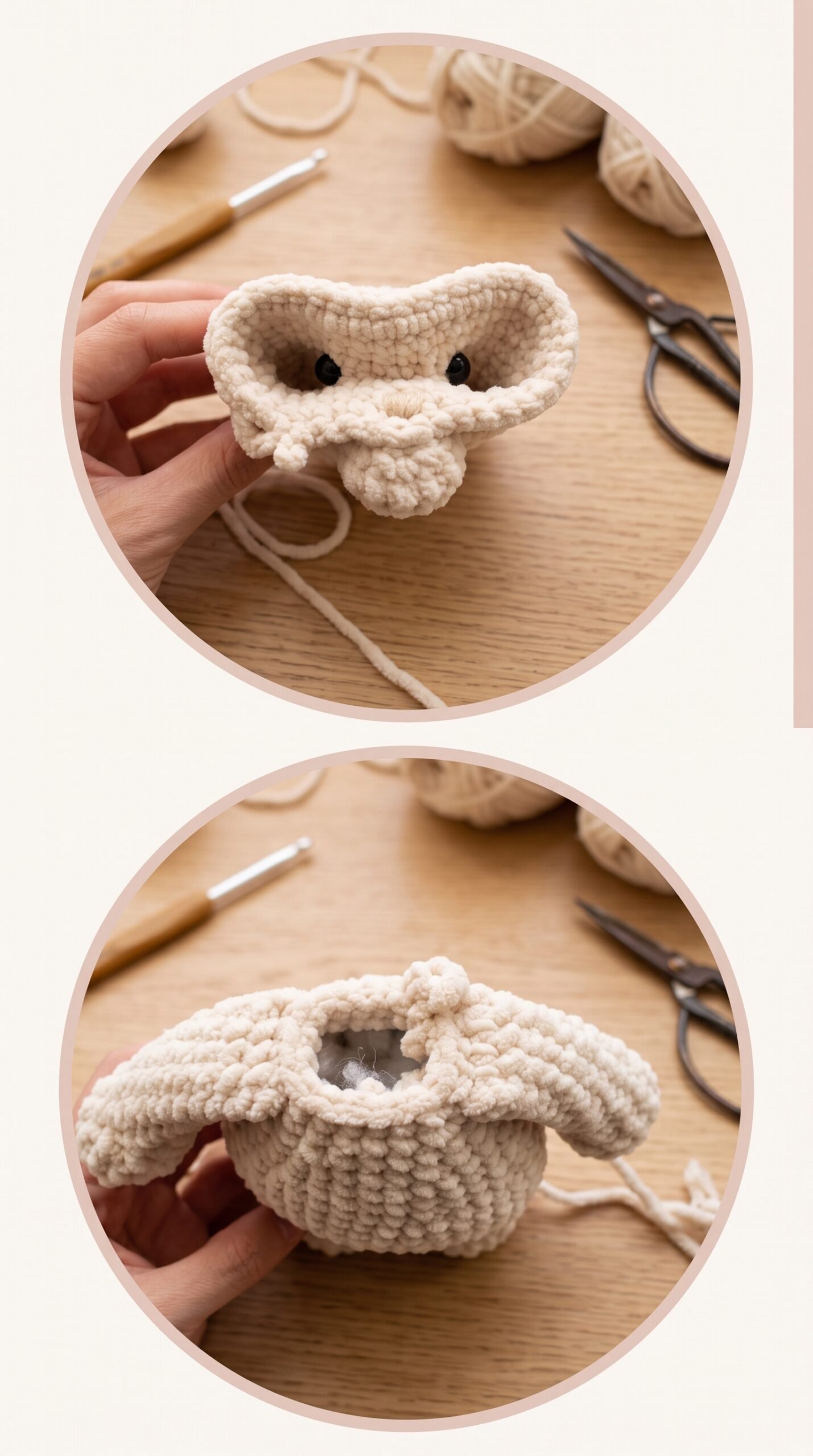 Step-by-step construction of the plush crochet bunny body