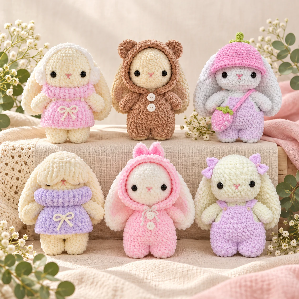 Baby bunny crochet pattern collection with pastel outfits and hooded pajamas