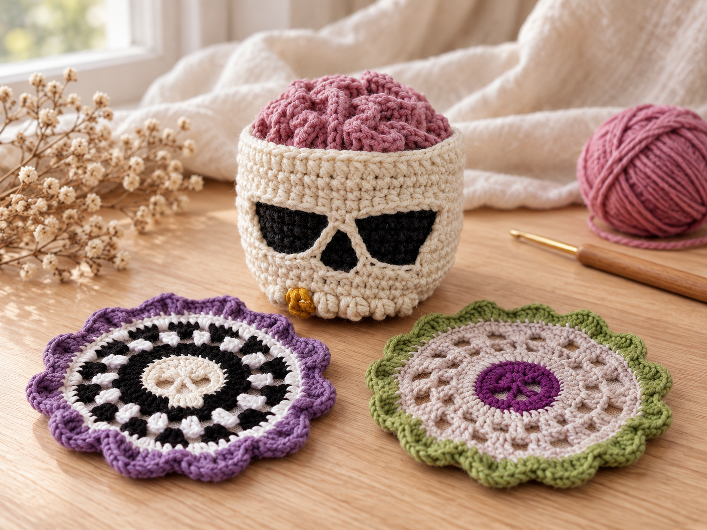 Brainy Skull coaster set crochet pattern with skull holder and colorful coasters