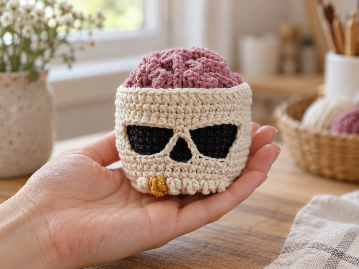 Small handmade Brainy Skull crochet holder resting in a woman's hand for scale