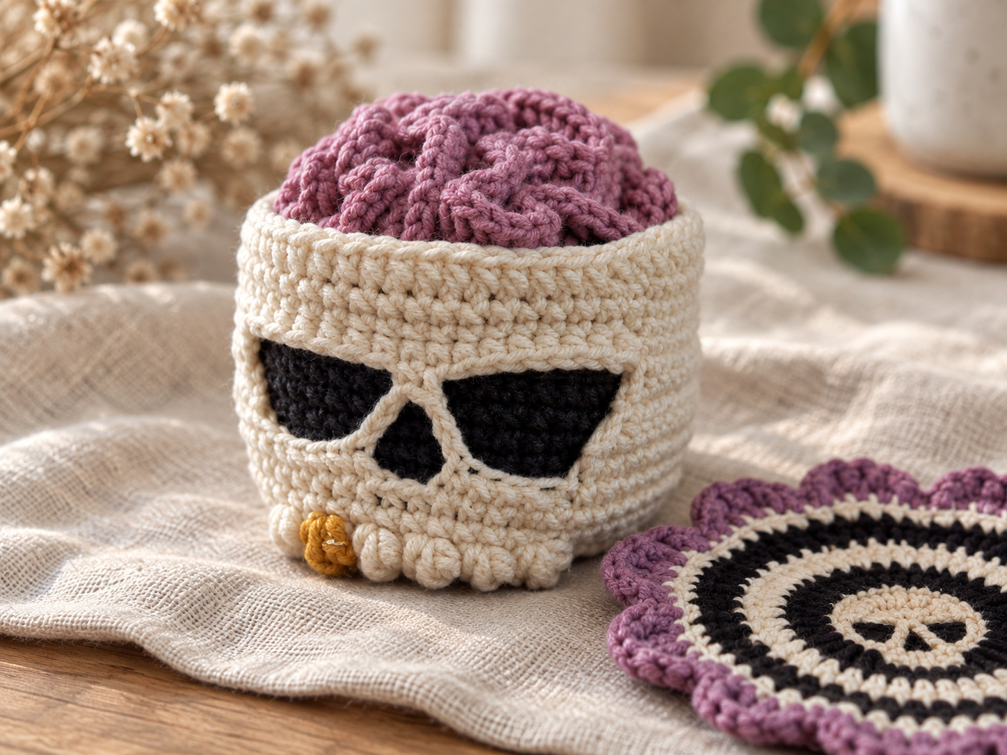 Close-up of realistic crochet stitches on the Brainy Skull organizer