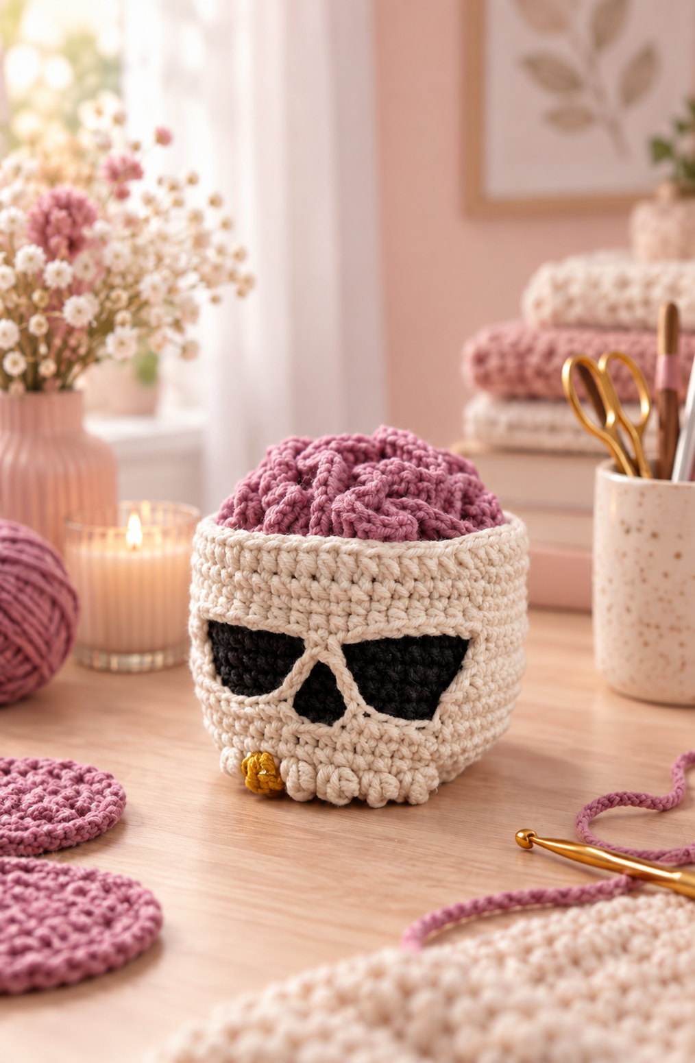 Finished Brainy Skull crochet organizer from the PDF pattern