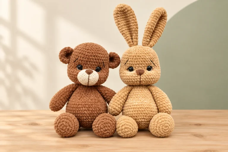 Bunny and bear crochet pattern featuring a sandy rabbit and brown plush bear