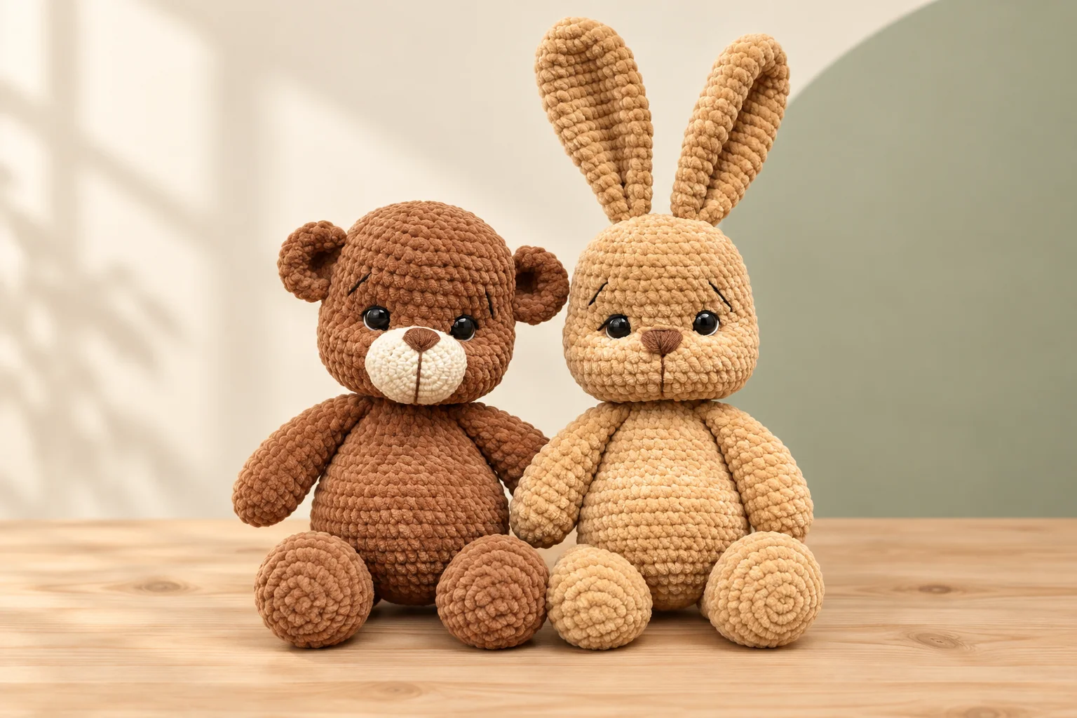 Bunny and bear crochet pattern featuring a sandy rabbit and brown plush bear