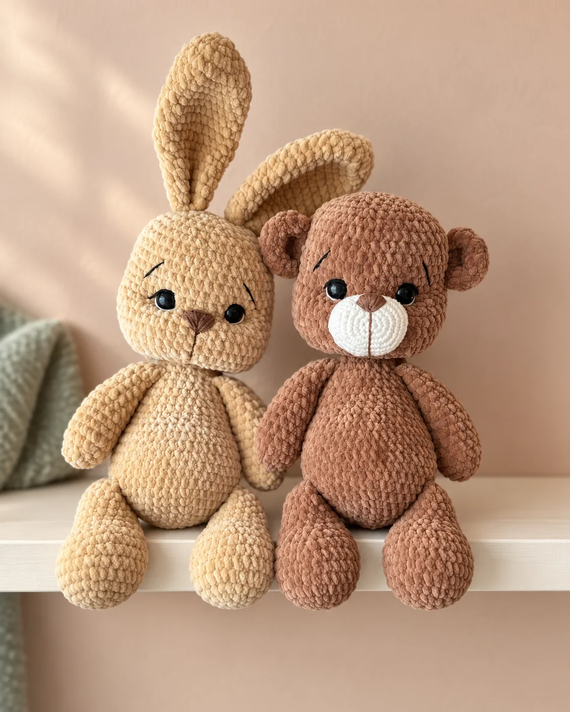 Finished bunny and bear amigurumi with tall rabbit ears and a creamy bear muzzle