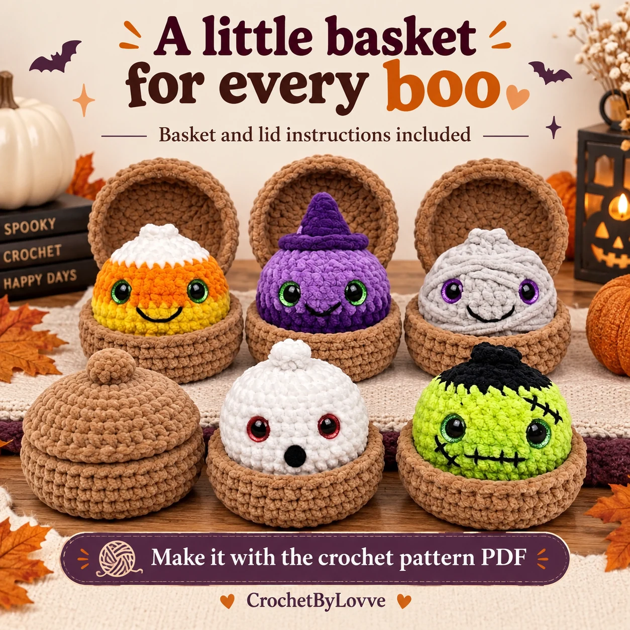 Brown crochet dumpling baskets with open and closed lids