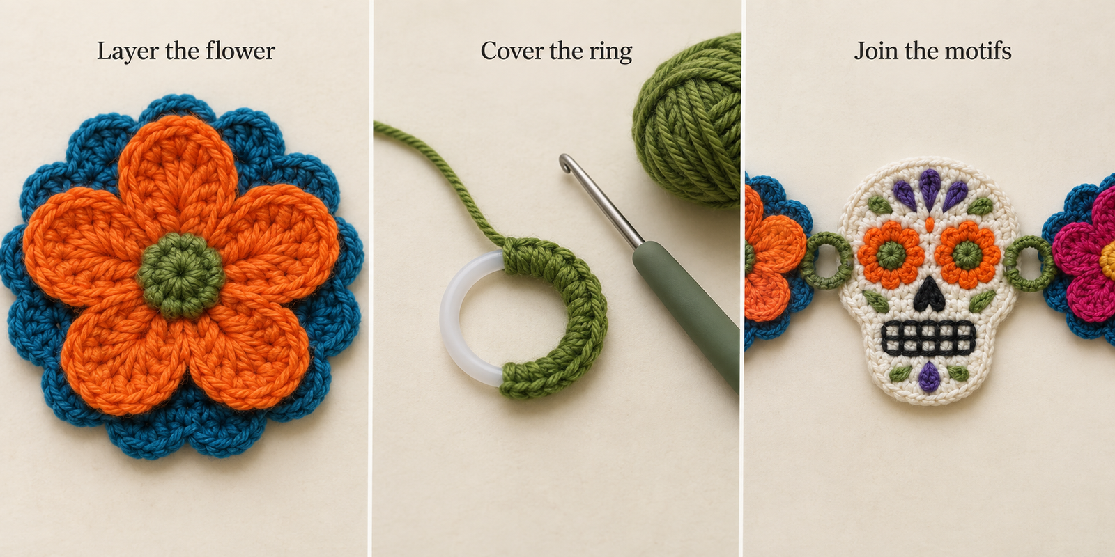 Illustration of crochet flowers and covered connecting rings
