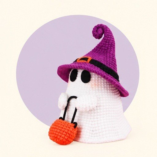Crochet ghost wearing a curled purple witch hat and carrying an orange pumpkin basket