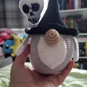 Close up crochet gnome body belly and nose Halloween amigurumi