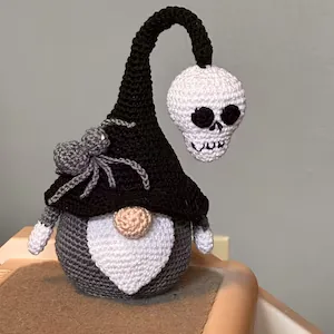 Finished Halloween crochet gnome pattern studio view
