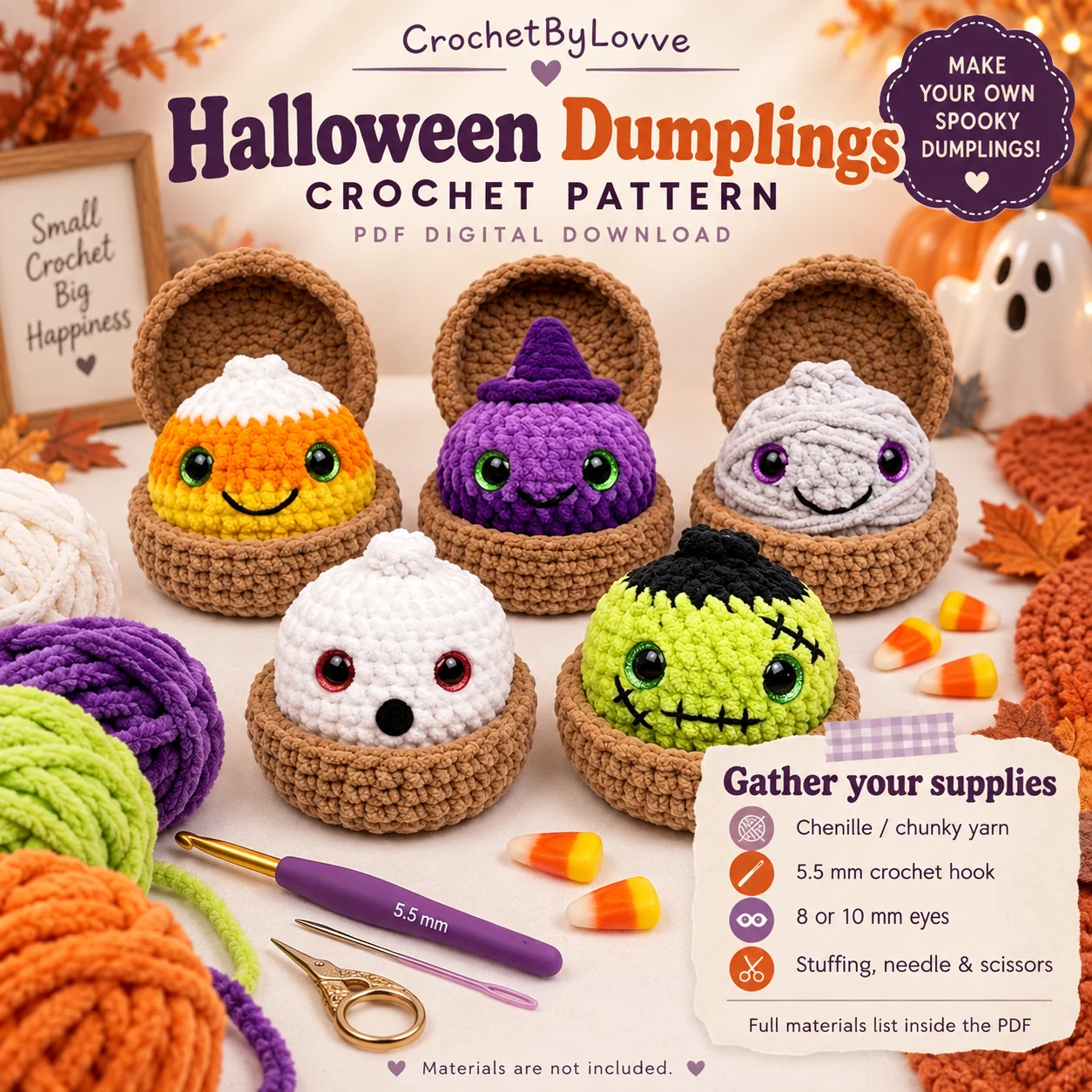 Chenille yarn, 5.5 mm hook and materials for Halloween crochet dumplings