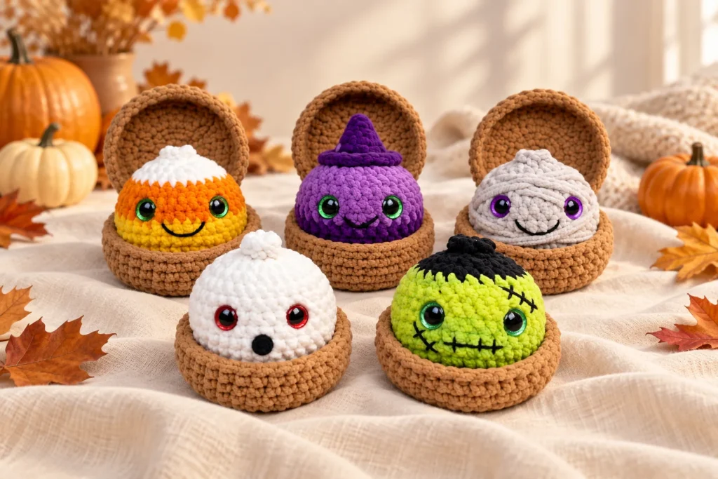 Five Halloween dumpling crochet characters with baskets
