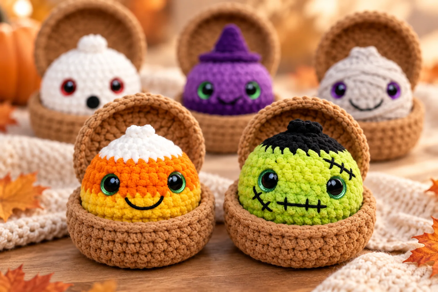 Five Halloween amigurumi ideas featuring crochet dumpling characters