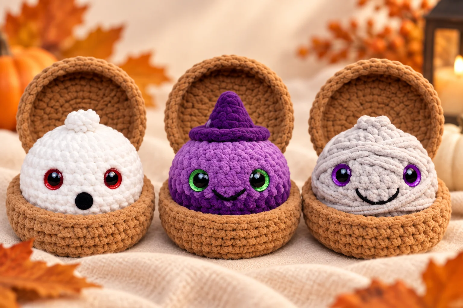 Ghost witch and mummy Halloween amigurumi characters