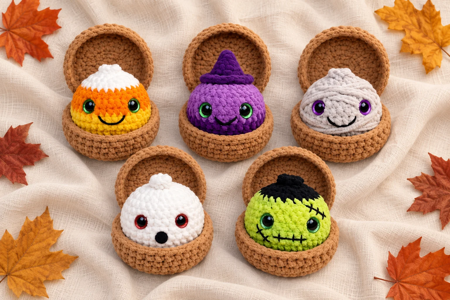 Overhead view of five small Halloween amigurumi character ideas