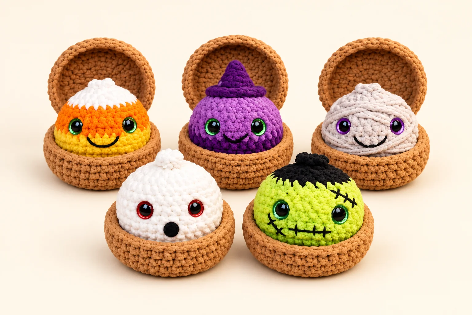 Five Halloween amigurumi ideas displayed in crochet baskets
