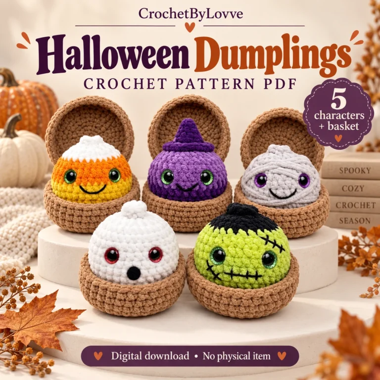Halloween dumplings crochet pattern with five chenille characters in brown baskets