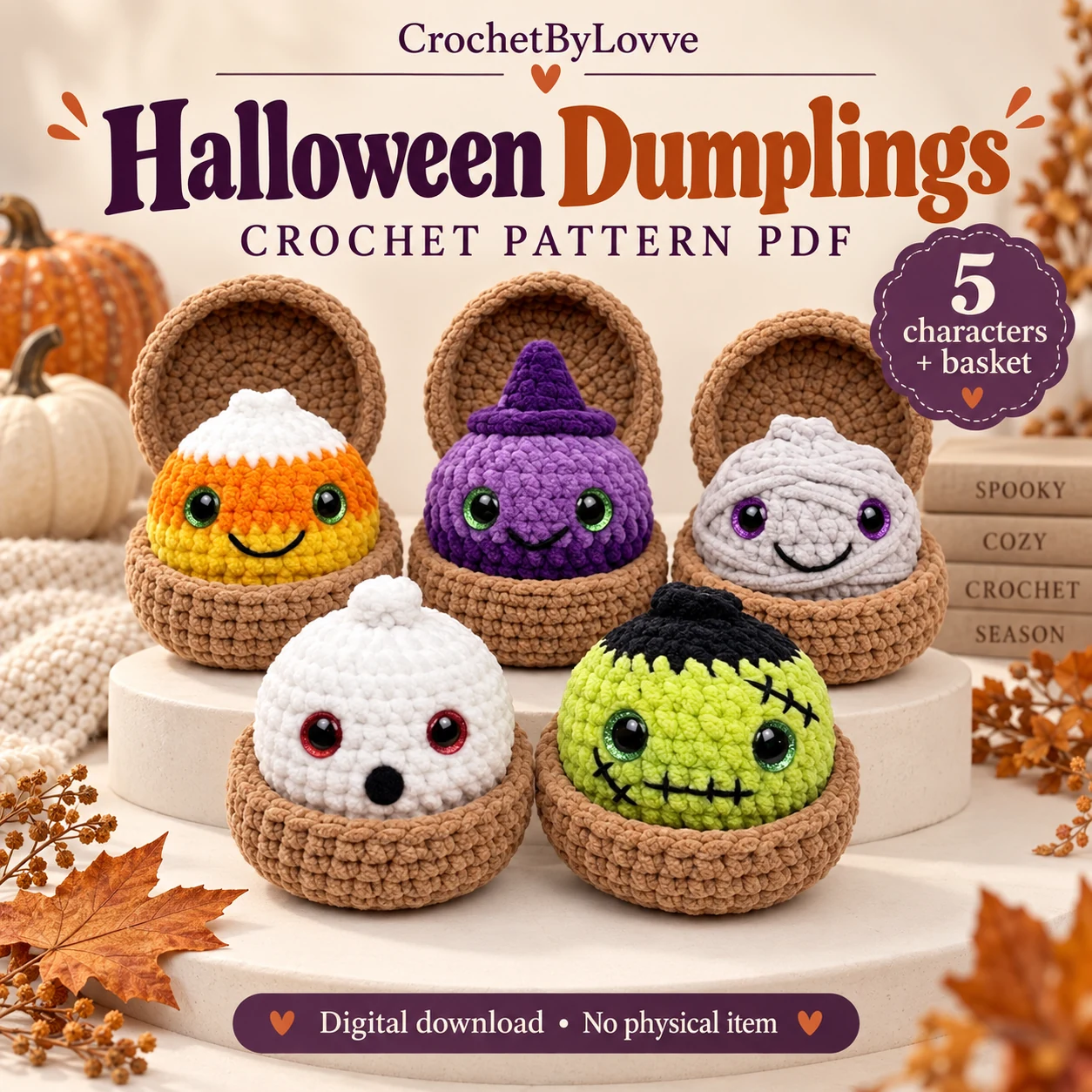 Halloween dumplings crochet pattern with five chenille characters in brown baskets