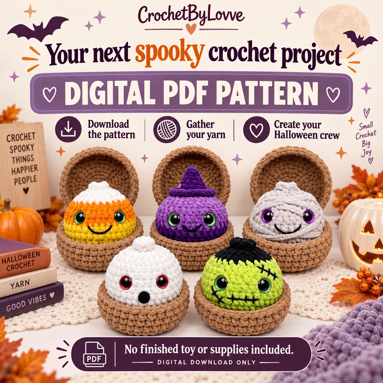 Halloween dumplings digital crochet pattern with five character variations