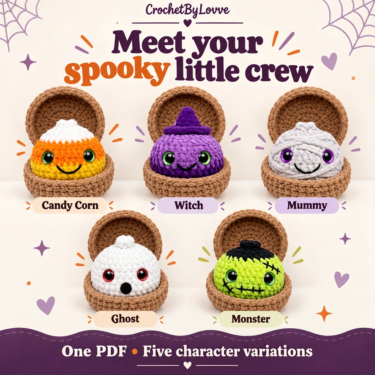 Ghost, witch, mummy, candy corn and green monster crochet dumplings