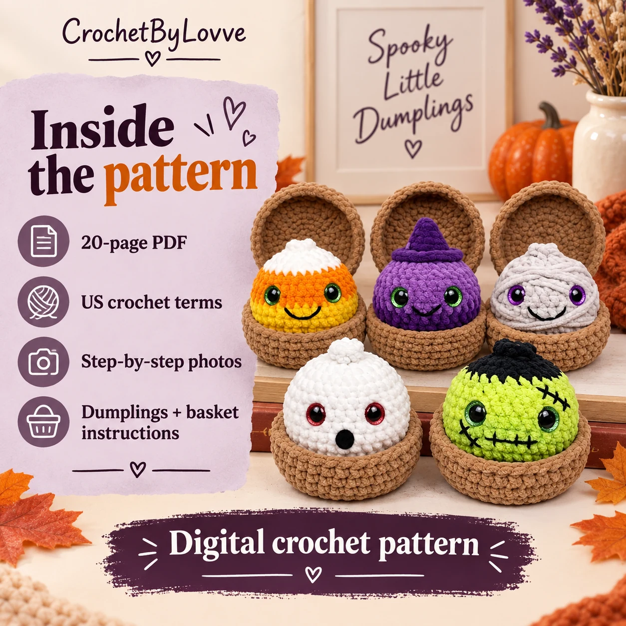 Halloween dumplings crochet pattern PDF contents and five finished examples