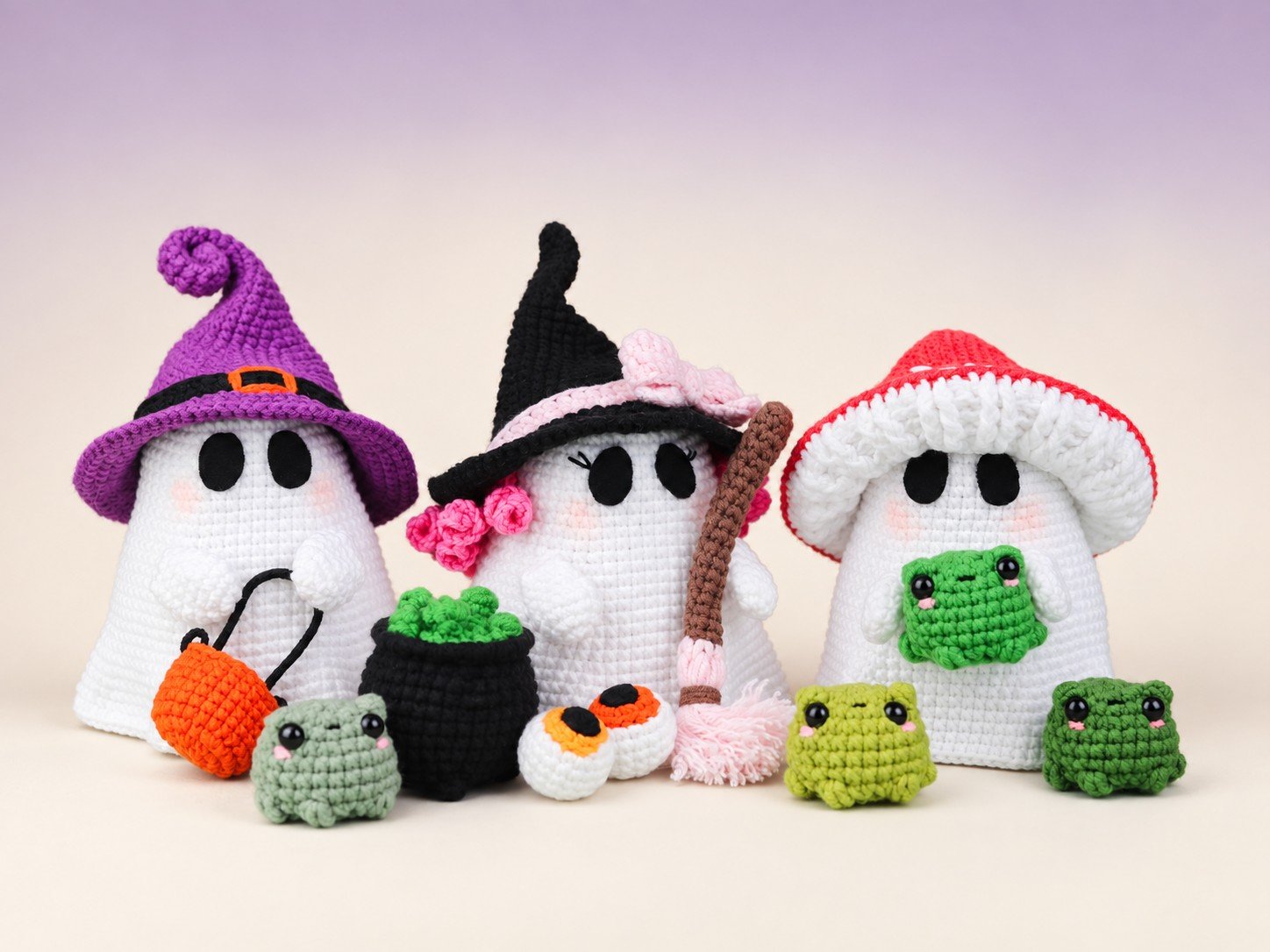 Halloween ghost crochet pattern featuring three ghosts with witch hats, a mushroom cap, and miniature accessories
