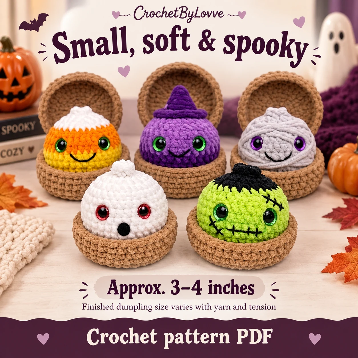 Mini Halloween crochet dumplings with approximate 3 to 4 inch size guide