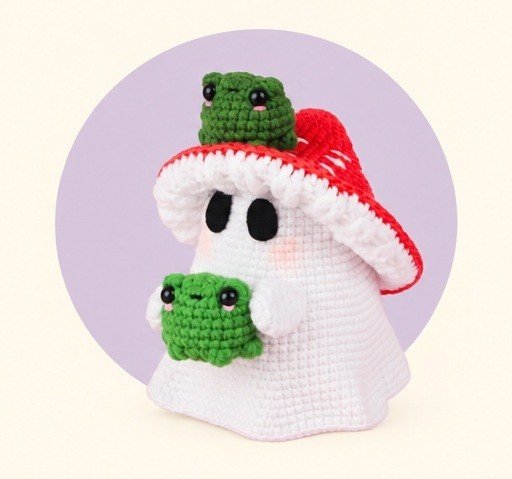 Mushroom ghost wearing a red and white crochet cap and holding a small green frog