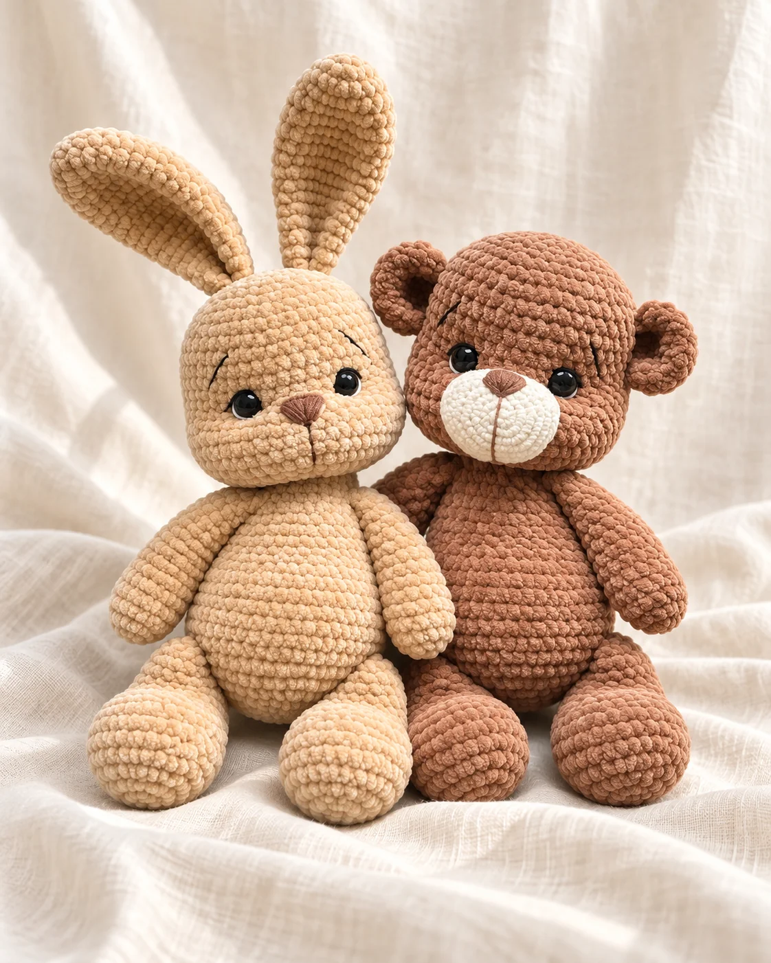 Sandy crochet bunny and brown bear seated together on cream linen