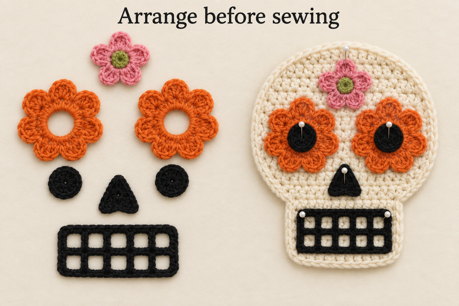 Illustration of crochet sugar skull face assembly
