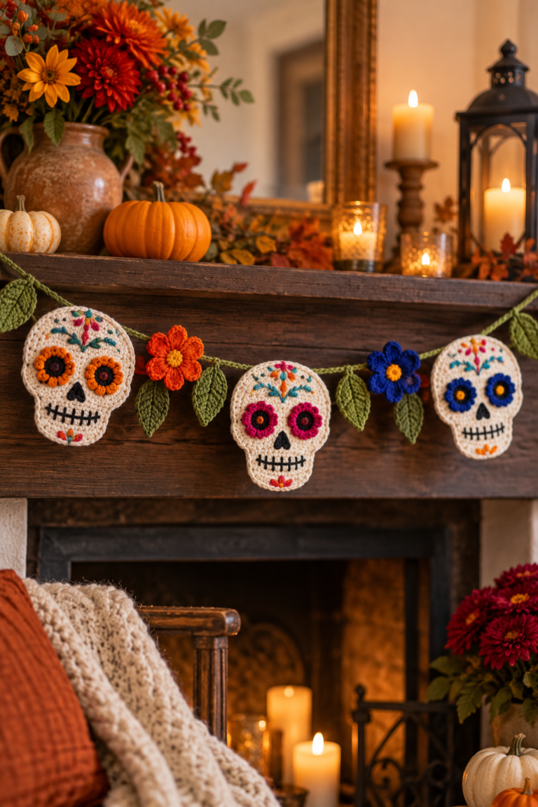 Crochet sugar skull garland with colourful flowers displayed on a Halloween mantel