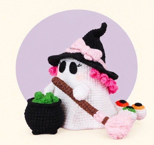 Witch ghost amigurumi with pink curls, black hat and pink bow, broom, and green potion cauldron