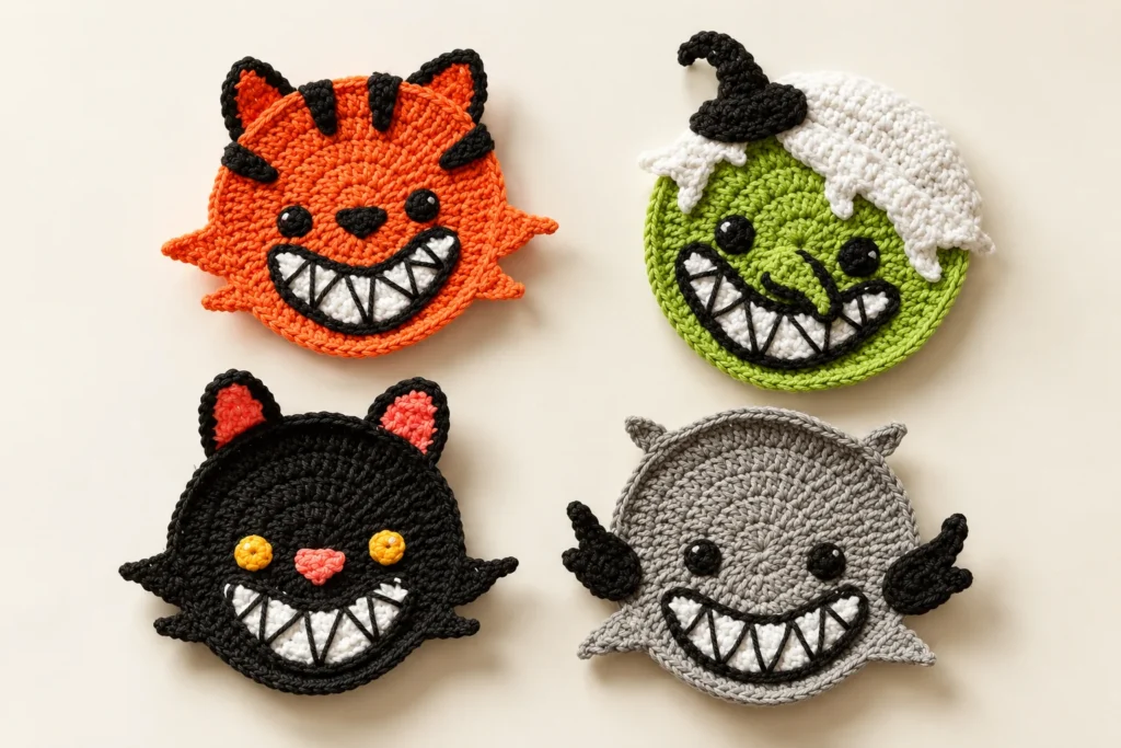 Halloween crochet coaster patterns illustrated as Pumpkin Cat, Wicked Witch, Black Cat and Spirit
